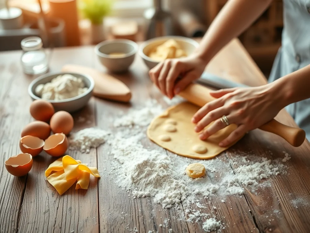 Ręce wałkują domowe ciasto na makaron na drewnianym blacie, obok mąka, jajka i uformowane gniazda fettucine.