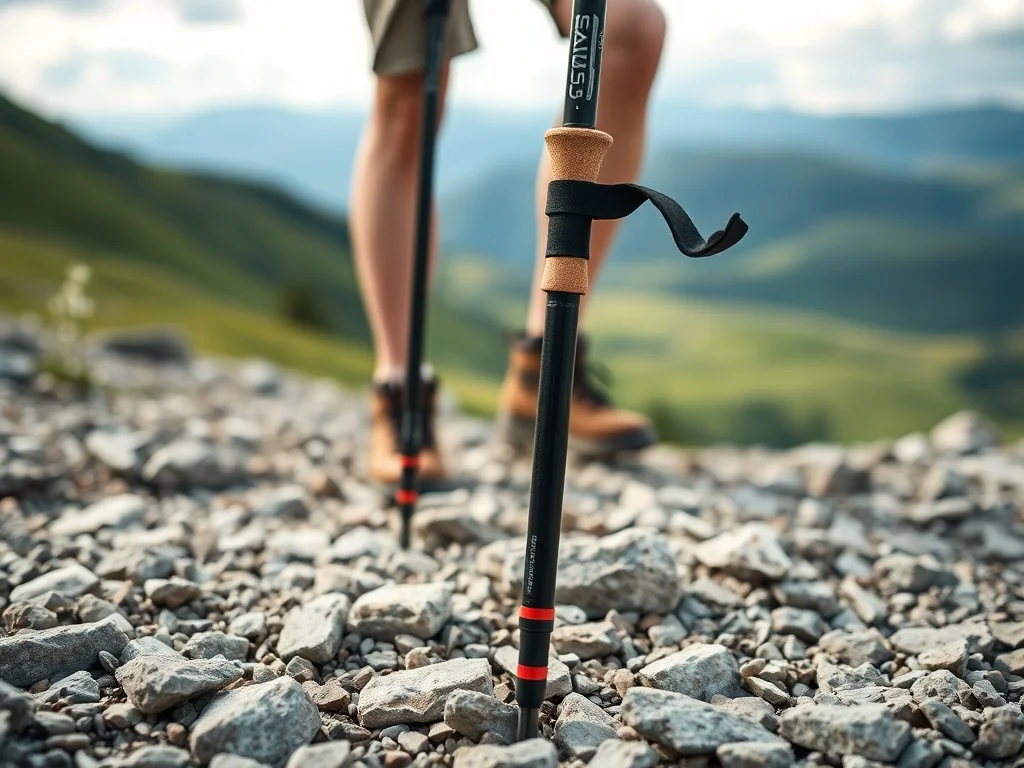 Nowoczesne kijki trekkingowe z ergonomicznymi uchwytami na kamienistym szlaku górskim, w tle turysta i zielone wzgórza