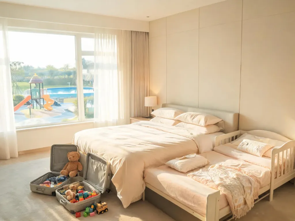 Przytulny pokój hotelowy z łóżkiem małżeńskim i dziecięcym, otwarte walizki z zabawkami, za oknem basen i plac zabaw