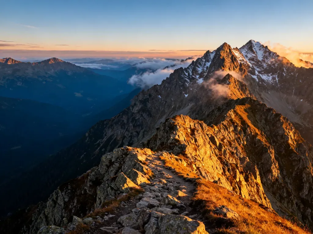 Panoramiczny widok na ośnieżone szczyty Tatr podczas zachodu słońca z widocznym górskim szlakiem na pierwszym planie.