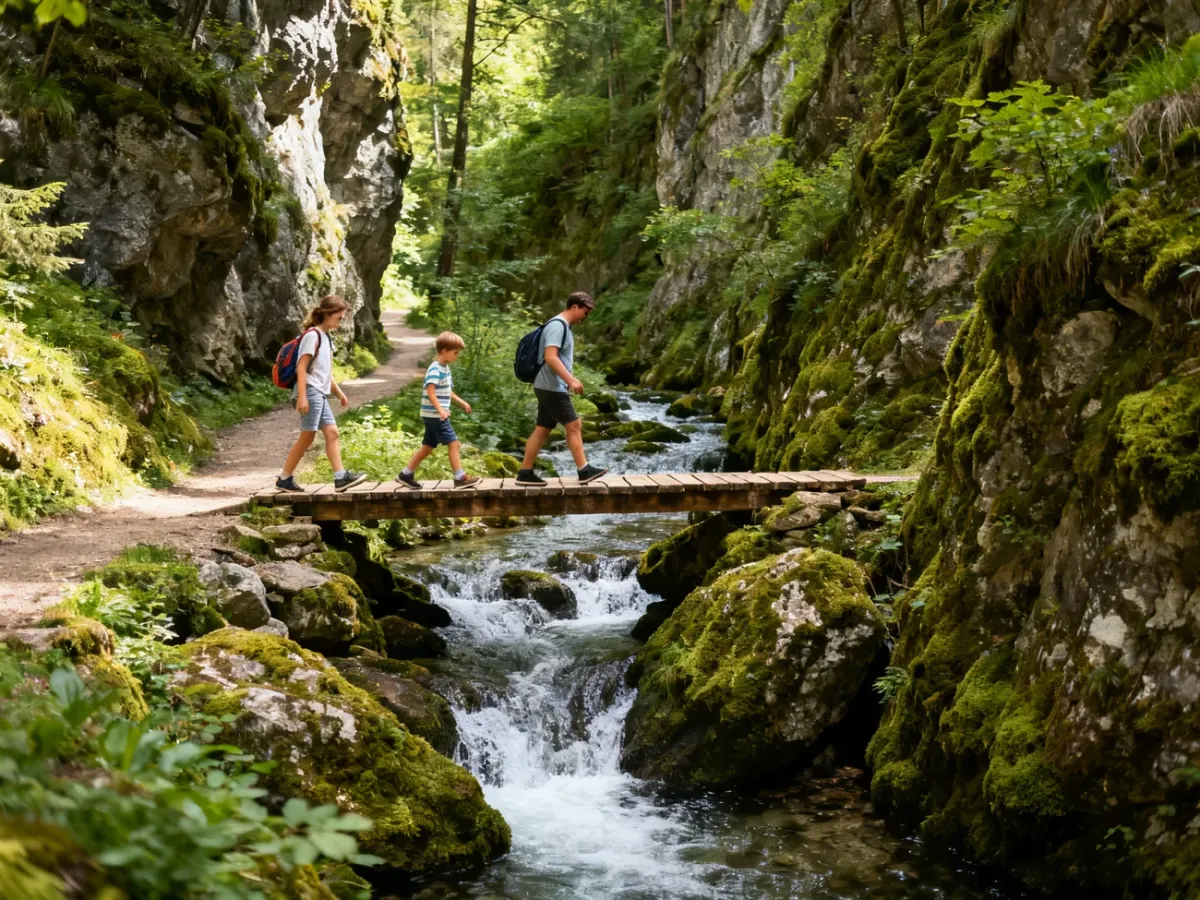 Rodzina na drewnianym mostku nad potokiem w Dolinie Białego