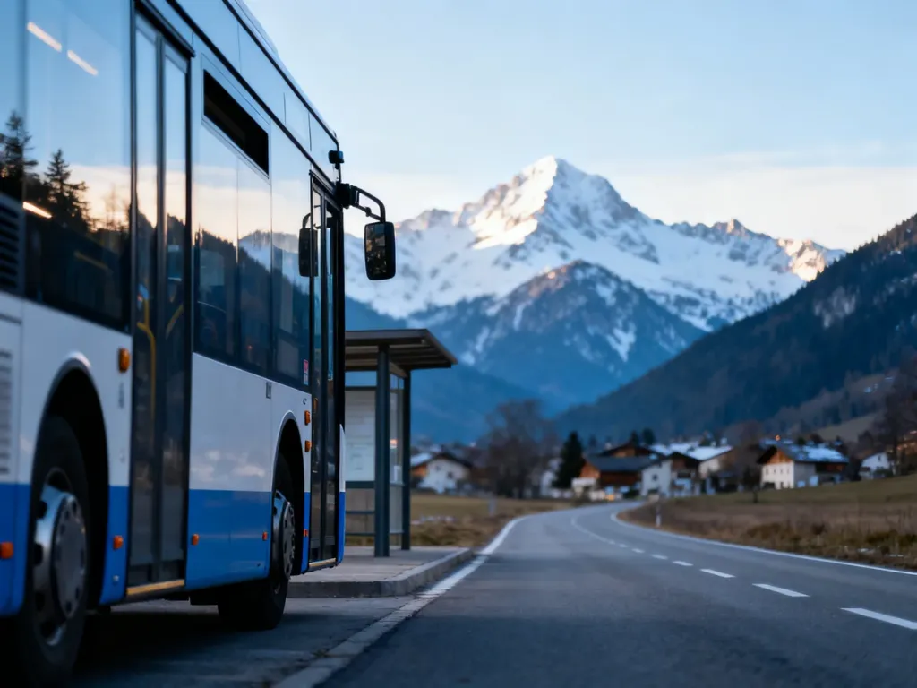 Nowoczesny autobus na przystanku z widokiem na ośnieżone szczyty Tatr, symbolizujący dojazd do Białki Tatrzańskiej.
