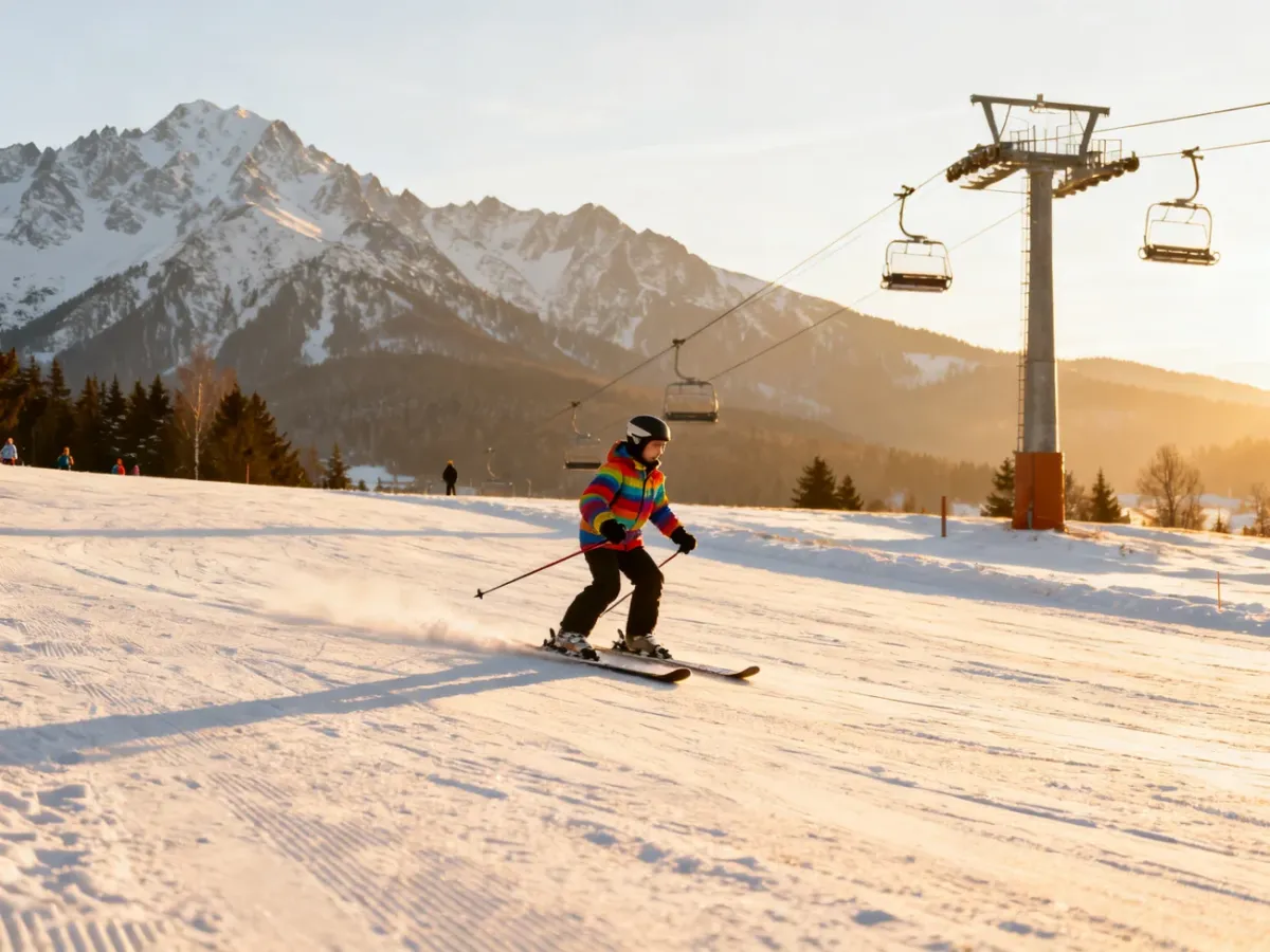 Początkujący narciarz ćwiczący na szerokim i łagodnym stoku Bani Ski