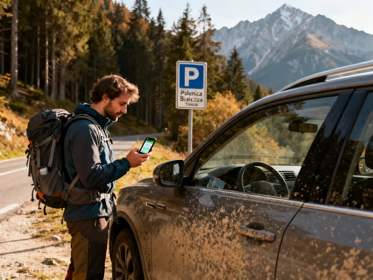 Hiker checking an offline parking reservation near the mountain trailhead