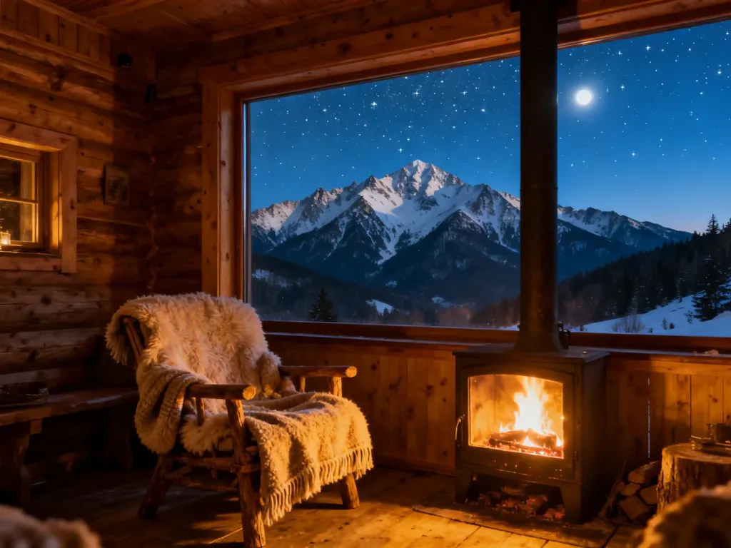 Przytulne wnętrze górskiej chaty z kominkiem i widokiem na ośnieżone Tatry nocą, zachęcające do wypoczynku w Zakopanem.