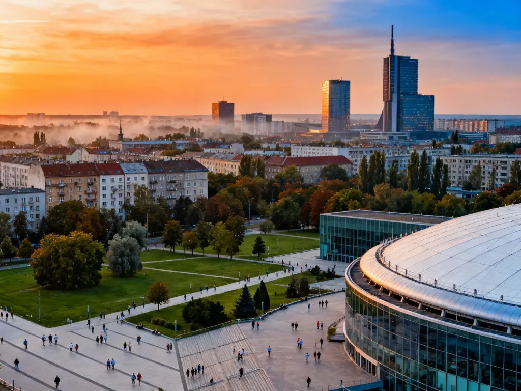 Panorama Katowic o zachodzie słońca z widokiem na Spodek, Strefę Kultury i park w otoczeniu kamienic oraz wieżowców, no text on the picture