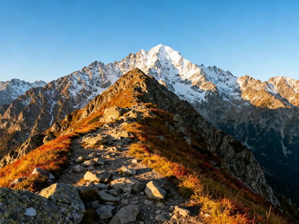 Panoramiczny widok na szczyt Kasprowego Wierchu i ośnieżone tatrzańskie granie w blasku porannego słońca.