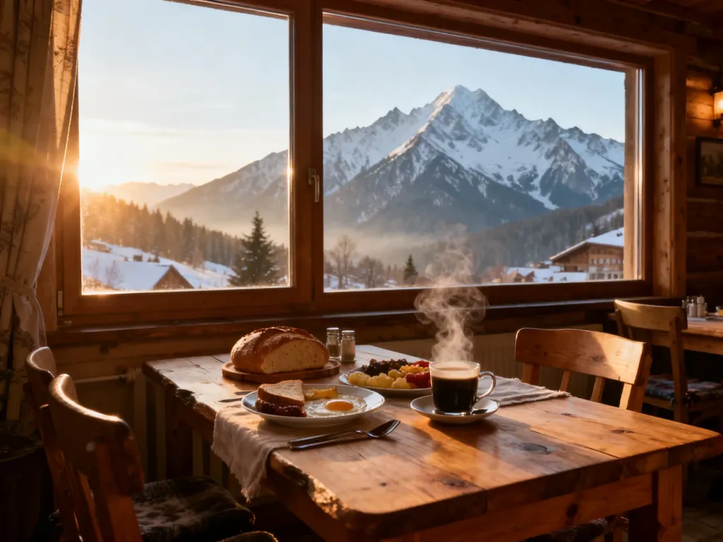 Przytulny drewniany stół z tradycyjnym śniadaniem na tle panoramicznego widoku na ośnieżone Tatry w Białce Tatrzańskiej.