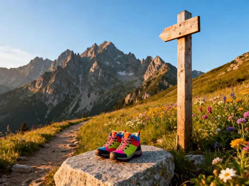 Dziecięce buty turystyczne na tle malowniczego szlaku w Tatrach, zachęcające do rodzinnych wędrówek w górach.