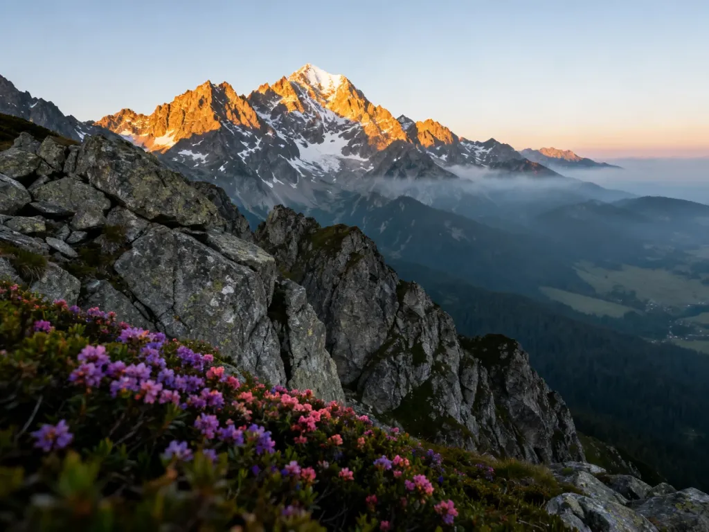 Panoramiczny widok na ośnieżone szczyty Tatr Wysokich z granitowymi skałami i alpejskimi kwiatami na pierwszym planie.