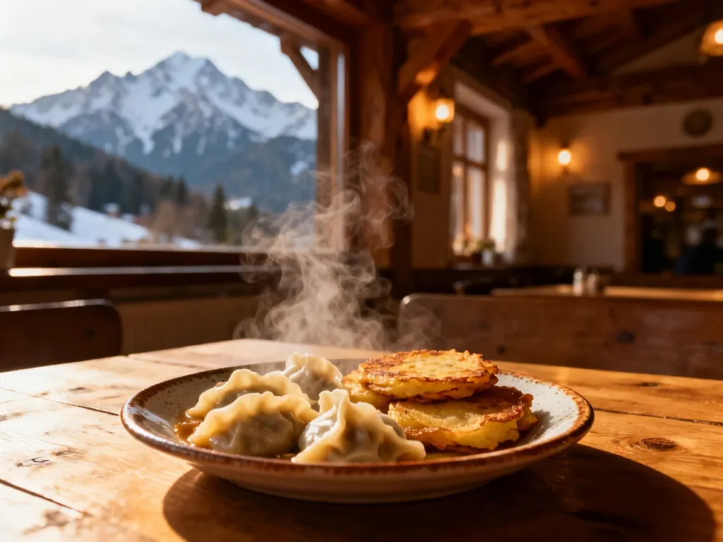 Parujący talerz z pierogami i plackami ziemniaczanymi na tle przytulnej góralskiej restauracji z widokiem na Tatry.