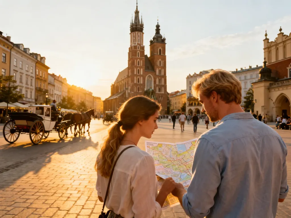 Para turystów z mapą na krakowskim Rynku Głównym o złotej godzinie, w tle Kościół Mariacki i dorożki, no text on the picture