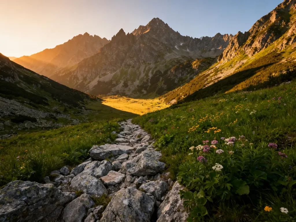 Panoramiczny widok na Dolinę Kościeliską w Tatrach podczas zachodu słońca, z kamienistą ścieżką i wysokimi szczytami w tle.